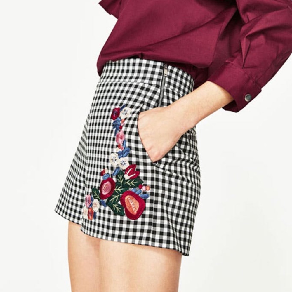 Zara Gingham Check High Embroidered Rise Shorts